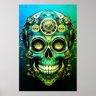 Sugar Skull Images Cool Green + Blue Guy on a Wall Poster