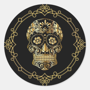 Sugar Skull in Black & Gold Classic Round Sticker
