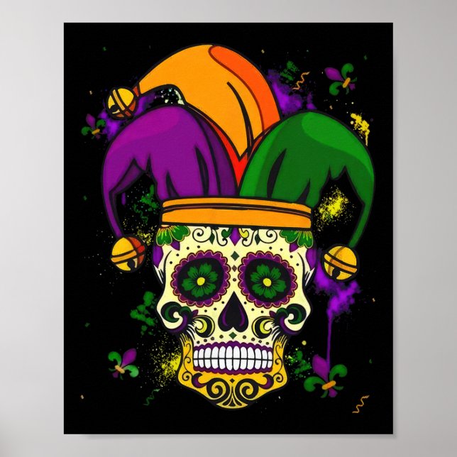 Sugar Skull Jester Hat Mardi Gras Fat Tuesday Carn Poster (Front)