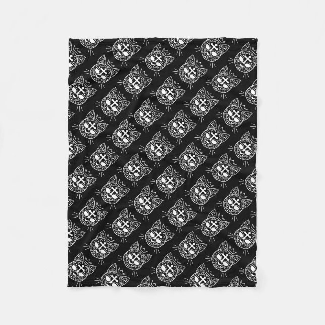 Sugar skull kitty cat pattern in cool Goth style Fleece Blanket (Front)