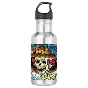 Sugar Skull Lady in Floral Sun Hat Pop Art Graphic 532 Ml Water Bottle