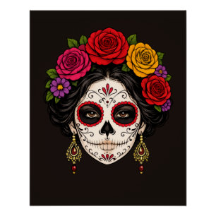 Sugar Skull Lady White Line Art Gothic Poster
