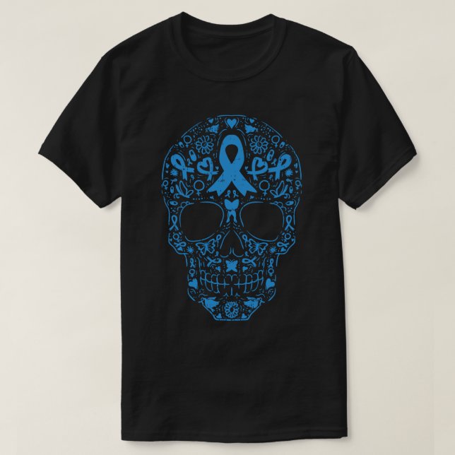 Sugar Skull Light Blue Ribbon Prostate Cancer Awar T-Shirt (Design Front)