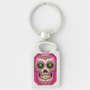 Sugar Skull Magenta Floral Key Ring