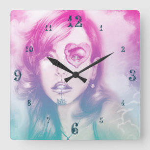 Sugar Skull Makeup Girl, Colorful Square Clock