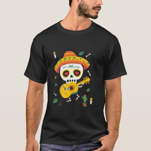 Sugar Skull Mariachi Musician Cactus T Shirt (Front)