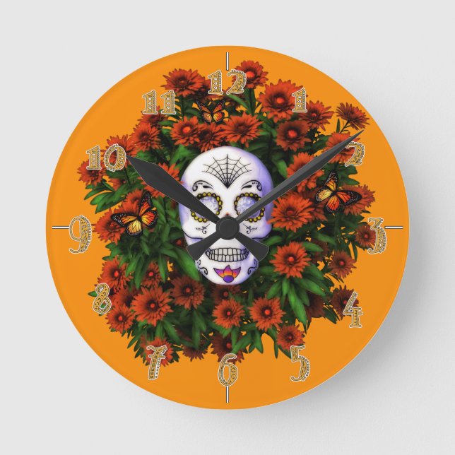 Sugar Skull Marigold Day Of The Dead Numbered Round Clock (Front)