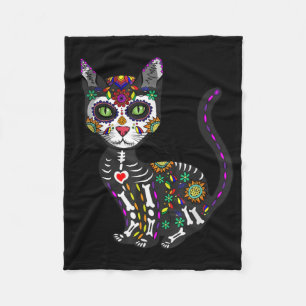 Sugar Skull Mexican Cat Halloween Day Of The Dead Fleece Blanket