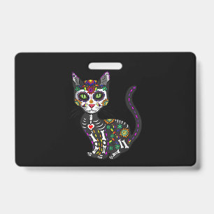 Sugar Skull Mexican Cat Halloween Day Of The Dead ID Badge