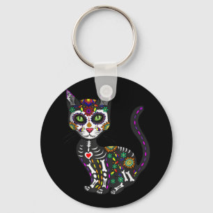 Sugar Skull Mexican Cat Halloween Day Of The Dead Key Ring