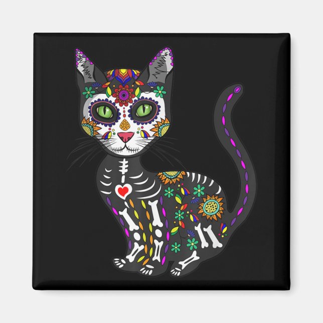 Sugar Skull Mexican Cat Halloween Day Of The Dead Magnet (Front)