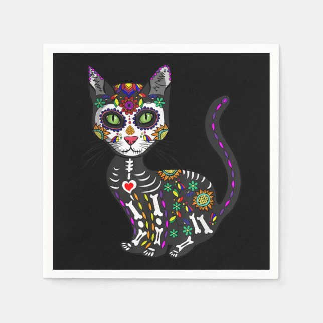 Sugar Skull Mexican Cat Halloween Day Of The Dead Napkin (Front)