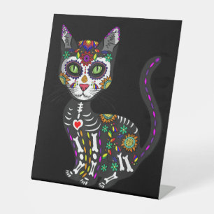 Sugar Skull Mexican Cat Halloween Day Of The Dead Pedestal Sign
