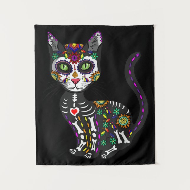 Sugar Skull Mexican Cat Halloween Day Of The Dead Tapestry (Front)