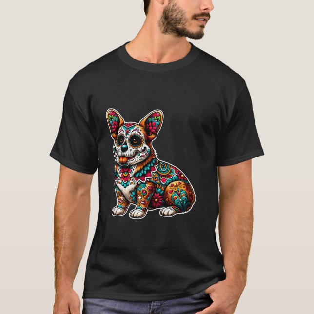 Sugar Skull Mexican Corgi Bone Halloween Day Of De T-Shirt (Front)