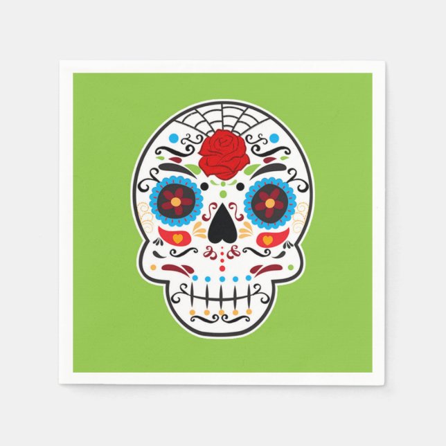 Sugar Skull Mexican Spanish Skeleton Party Green Napkin (Front)
