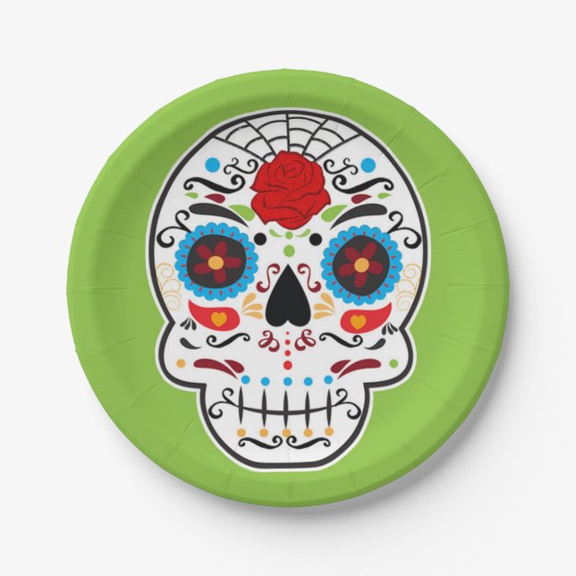 Sugar Skull Mexican Spanish Skeleton Party Green Paper Plate (Front)