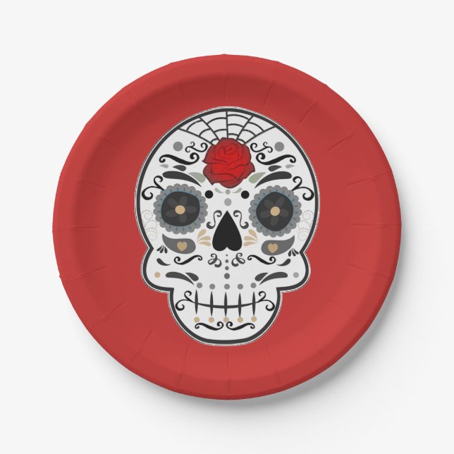 Sugar Skull Mexican Spanish Skeleton Party Paper Plate (Front)
