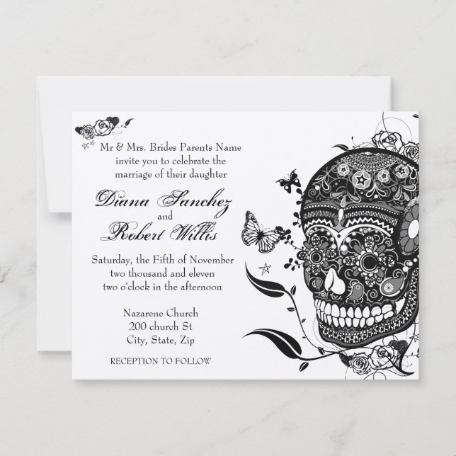 Sugar Skull Muertes on Gold Metallic Paper Invitation (Front)