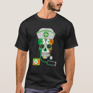 Sugar Skull Nurse Shamrock St Patrick S Day Rn Mex T-Shirt