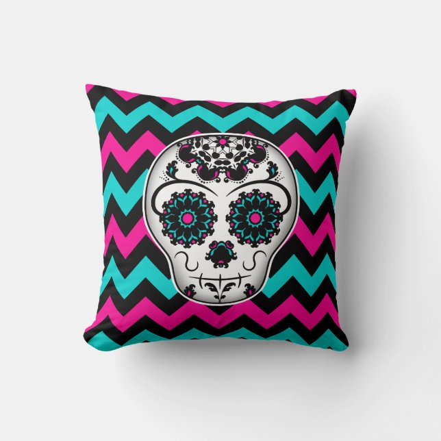 Sugar skull on chevron stripes pattern cushion (Front)