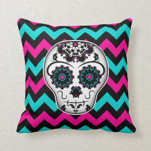 Sugar skull on chevron stripes pattern cushion