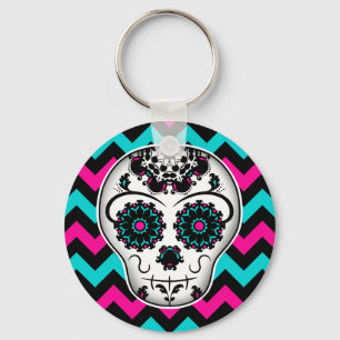 Sugar skull on chevron stripes pattern key ring