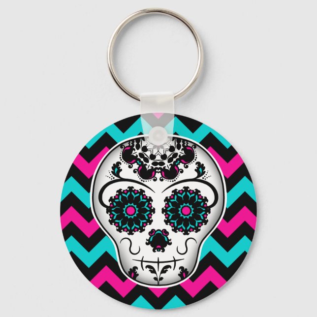 Sugar skull on chevron stripes pattern key ring (Front)