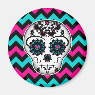 Sugar skull on chevron stripes pattern magnet