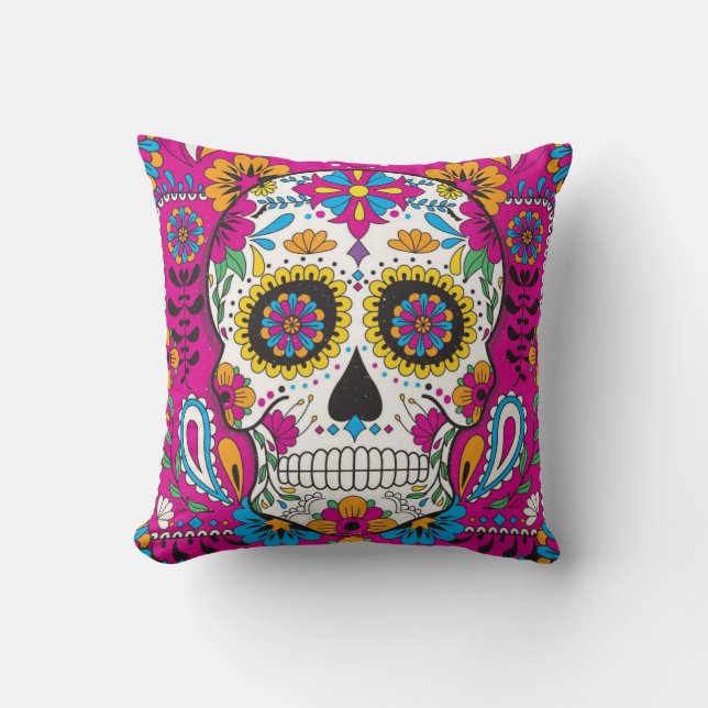Sugar Skull On Pink Background Cushion (Front)