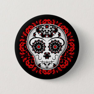 Sugar skull on red damask 6 cm round badge