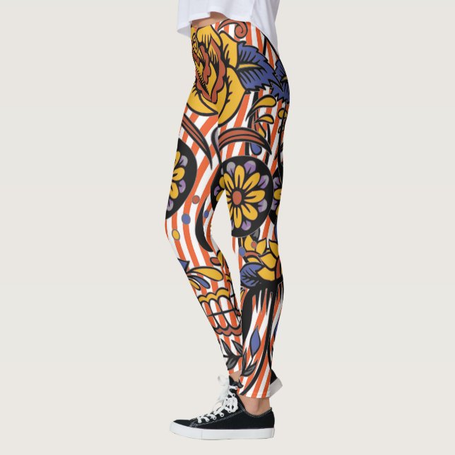 Sugar Skull Orange Purple Floral Stripes Leggings (Left)