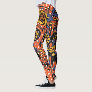 Sugar Skull Orange Purple Polka Dot Leggings