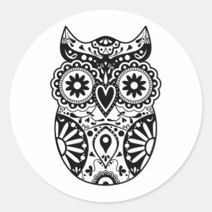 Sugar Skull Owl Black & White Classic Round Sticker