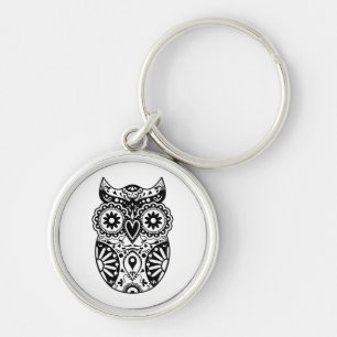Sugar Skull Owl Black & White Key Ring