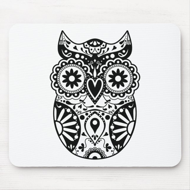 Sugar Skull Owl Black & White Mouse Mat (Front)