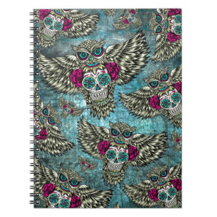 Sugar skull owl pattern in blue pink and yellow. notebook