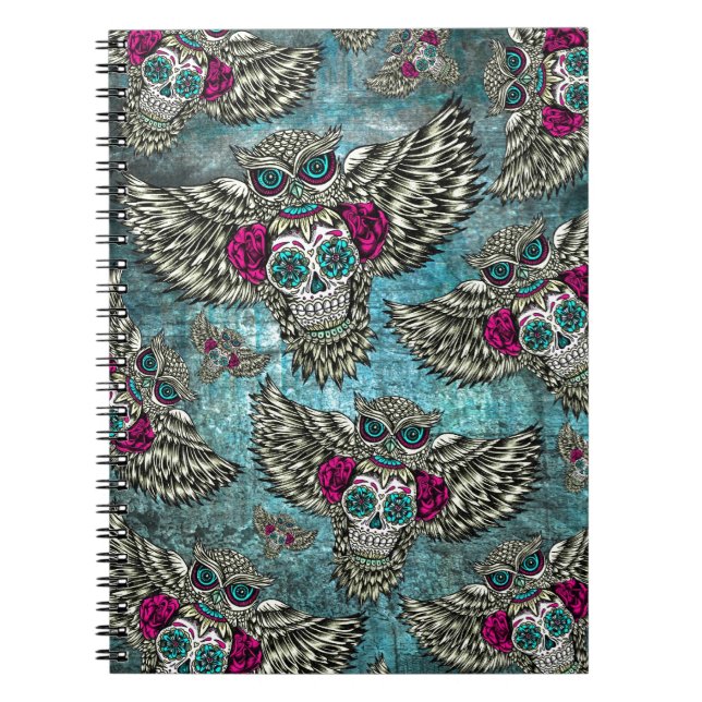 Sugar skull owl pattern in blue pink and yellow. notebook (Front)
