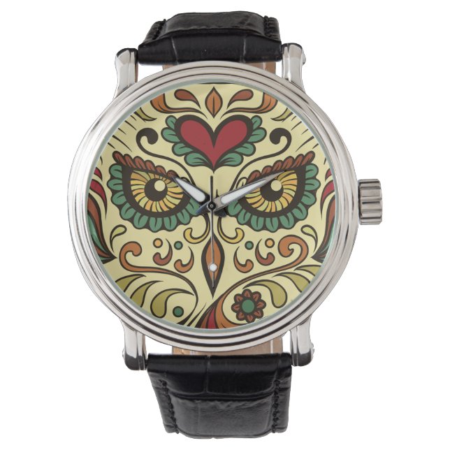 Sugar Skull Owl - Tattoo Design Watch (Front)