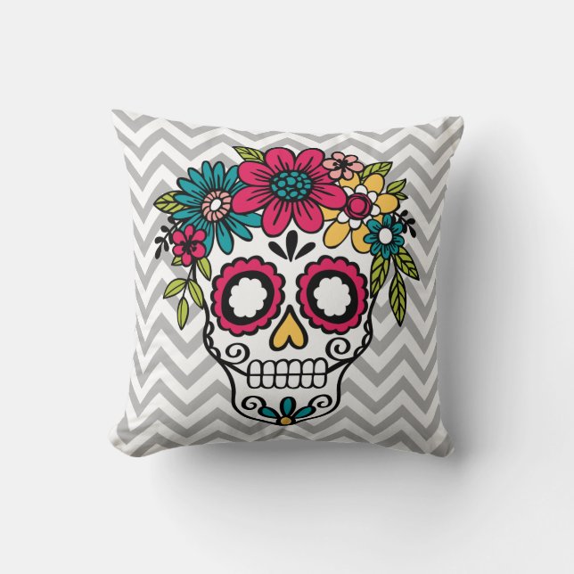 Sugar Skull Pillow, Day of the Dead, Flowers Cushion (Front)