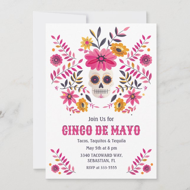 Sugar Skull Pink Folk Flowers Cinco de Mayo Fiesta Invitation (Front)
