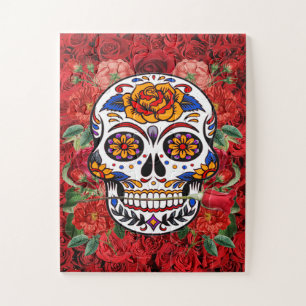 Sugar Skull Pink Red Roses Holidays 11 x 14 Jigsaw Puzzle