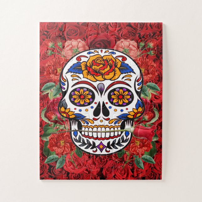 Sugar Skull Pink Red Roses Holidays 11 x 14 Jigsaw Puzzle (Vertical)