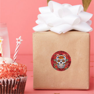 Sugar Skull Pink Red Roses Holidays Classic Round Sticker