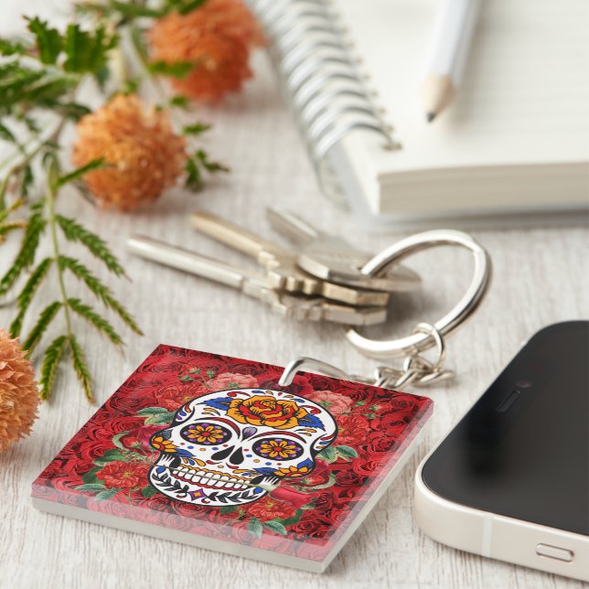 Sugar Skull Pink Red Roses Holidays Keychain (Front Right)