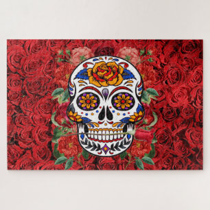 Sugar Skull Pink Red Roses Holidays Large Jigsaw Puzzle