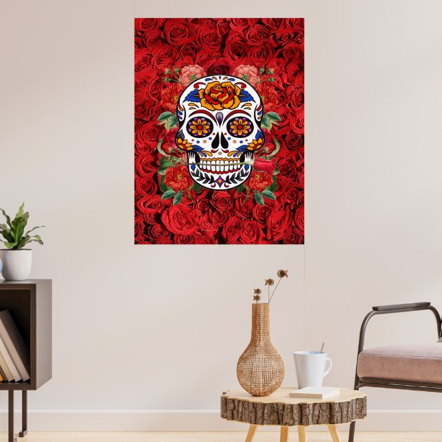 Sugar Skull Pink Red Roses Holidays Large Poster (Living Room 3)