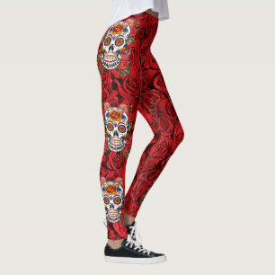 Sugar Skull Pink Red Roses Holidays Leggings