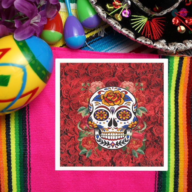 Sugar Skull Pink Red Roses Holidays Paper Napkin (Sugar Skull Pink Red Roses Holidays Paper Napkins)