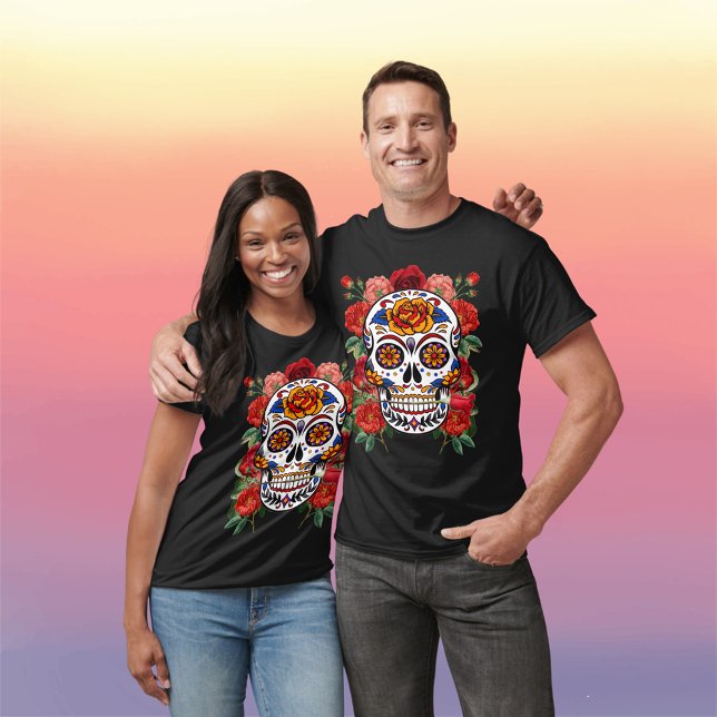 Sugar Skull Pink Red Roses Holidays Unisex T-Shirt (Sugar Skull Pink Red Roses Holidays Unisex T-Shirt)